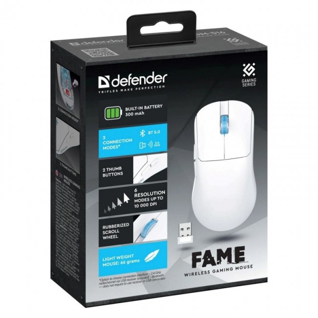 WIRELESS MOUSE DEFENDER FAME GM-516 RF+BT 10000DPI 6P WHITE WIRELESS MOUSE DEFENDER FAME GM-516 RF+BT 10000DPI 6P WHITE