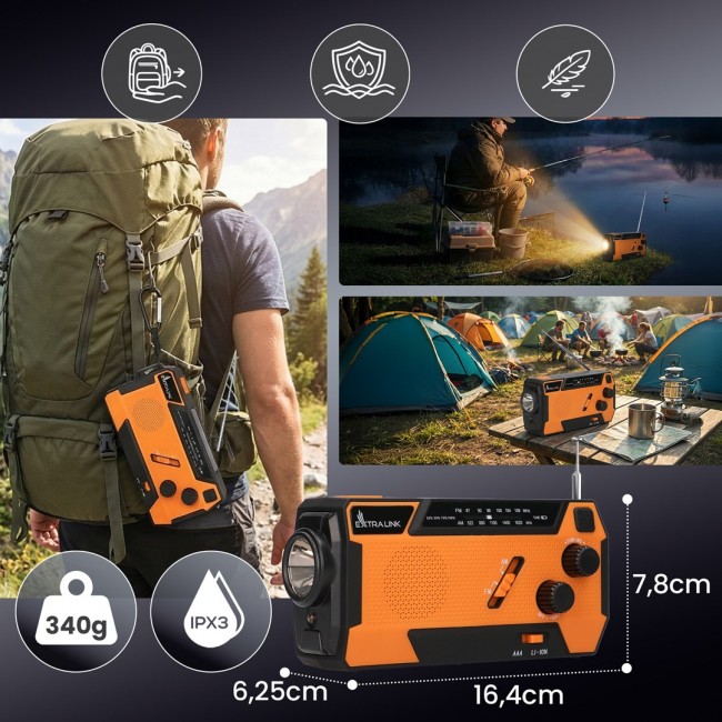 Extralink RADIO AWARYJNE SOLARNE Z KORBKA DYNAMO POWERBANK 4000MAH Z LATARKA SOS SR-4000 Portable Analog Black, Orange