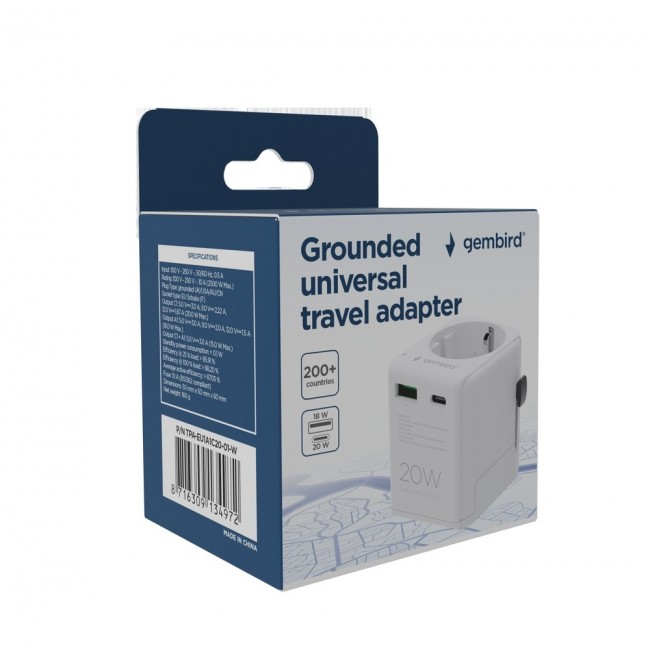 Gembird TPA-EU1A1C20-01-W Grounded universal travel power adapter, 20 W, white Gembird TPA-EU1A1C20-01-W Grounded universal travel power adapter, 20 W, white