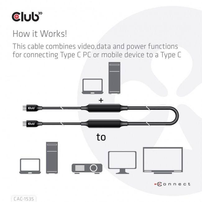 CLUB3D USB 3.2 Gen2 Type C to C Active Bi-directional Cable 8K60Hz M/M 5m/16.4ft CLUB3D USB 3.2 Gen2 Type C to C Active Bi-directional Cable 8K60Hz M/M 5m/16.4ft