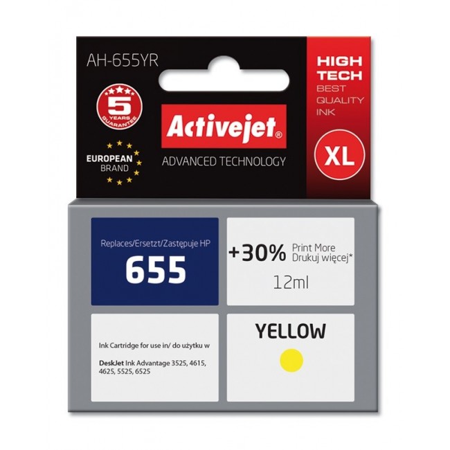 Activejet AH-655YR Ink (replacement for HP 655 CZ112AE Premium 12 ml yellow) Activejet AH-655YR Ink (replacement for HP 655 CZ112AE Premium 12 ml yellow)