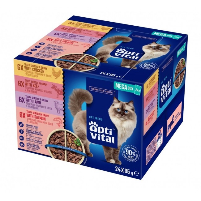 OPTIVITAL Box with chicken, beef, lamb, salmon - wet cat food - 24x85g OPTIVITAL Box with chicken, beef, lamb, salmon - wet cat food - 24x85g