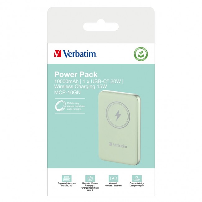 Verbatim Charge 'n' Go Magnetic Wireless Power Bank 10000mAh Green Verbatim Charge 'n' Go Magnetic Wireless Power Bank 10000mAh Green