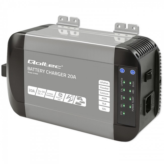 Qoltec Smart Monolith Battery Charger for LiFePO4 AGM GEL SLA batteries | 20A | 24V