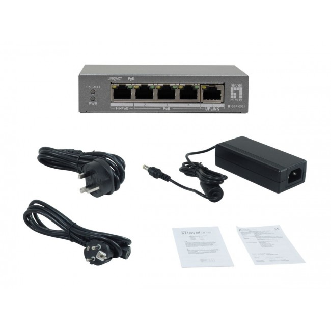 LevelOne 5-Port Gigabit PoE Switch, 802.3af/at/bt PoE, 4 PoE Outputs, 60W Power Budget, Long-Range PoE with Watchdog