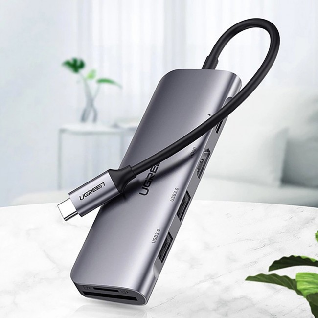Ugreen CM195 6-in-1 USB-C adapter HDMI / 2 USB-A 3.0 / USB-C PD / SD / TF card reader grey