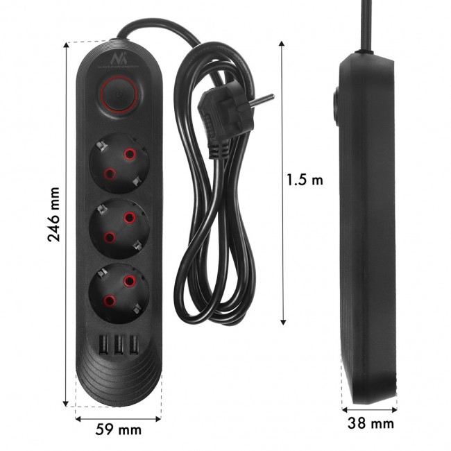 Maclean power strip, 3-socket extension cable + 3xUSB, 110-240V AC 50/60Hz, 2.1A max 2500W, 1.5m, black, MCE394 B Maclean power strip, 3-socket extension cable + 3xUSB, 110-240V AC 50/60Hz, 2.1A max 2500W, 1.5m, black, MCE394 B