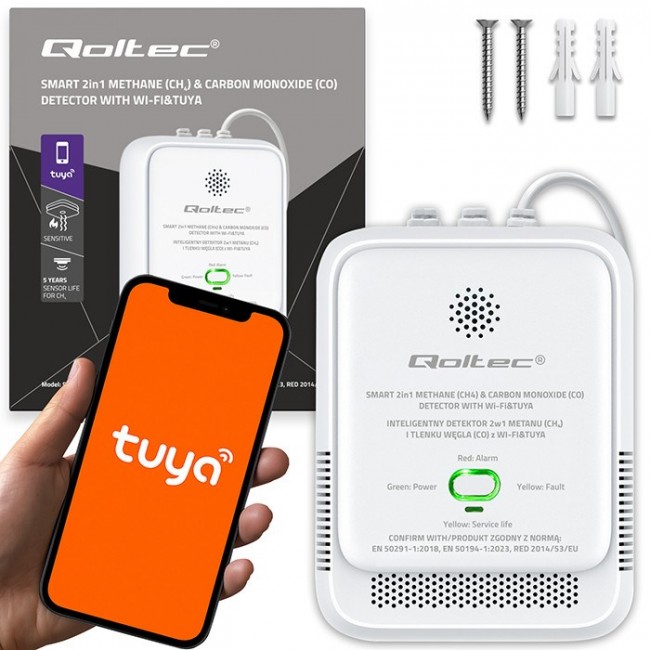 Qoltec 52654 2in1 natural gas and carbon monoxide (CO) leak detector | CH4 | CO | NG | Tuya | Wi-Fi | 85dB alarm | LED