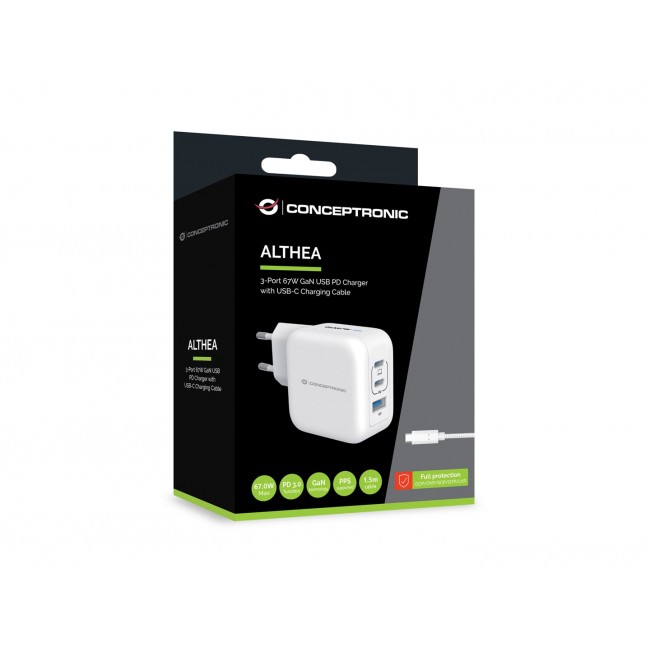 Conceptronic 3-Port 67W GaN USB PD Charger with USB-C Charging Cable, USB-C x 2, USB-A x 1, QC 3.0, PPS