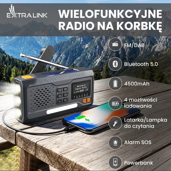 Extralink RADIO AWARYJNE BLUETOOTH SOLARNE Z KORBKA DYNAMO POWERBANK 4000MAH Z LATARKA SOS BT-4000 Portable Analog & digital Black, Orange