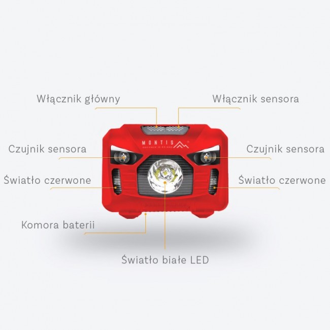 Montis Bateryjna latarka nag owna z sensorem MT002 Red, Black Headband flashlight LED