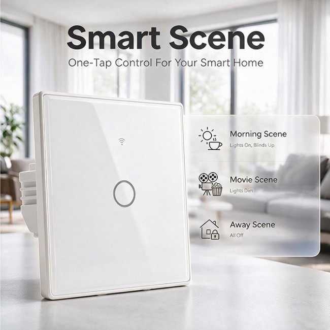 Qoltec 52715 Smart Touch 1-Gang Light Switch | Wi-Fi | Timer | Tuya | Smart Life | Tempered Glass | White