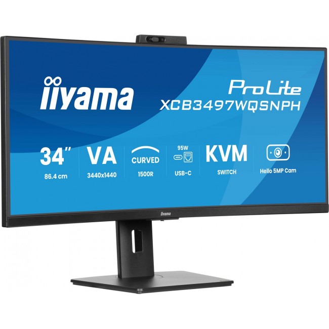 iiyama ProLite 34 VA UWQHD curved monitor with a built-in Windows Hello camera and microphone, USB-C Dock, LAN, KVM-Switch and 15cm height adjustable stand