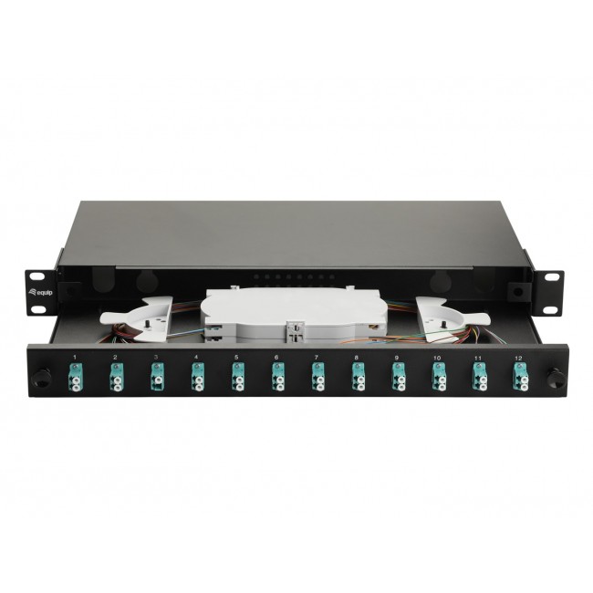 Equip 12-Port Fiber Optic Splice Box, LC Duplex, OM3, 1U, Equipped, Black