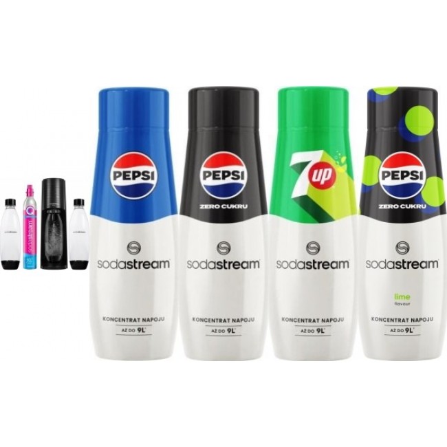 Saturator Sodastream Terra + 2 butelki + gaz Czarny + syrop Pepsi, Pepsi Zero, Pepsi Lime, 7Up