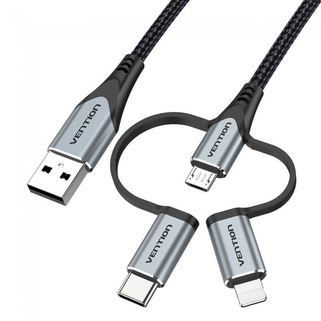 Vention USB 2.0 A Male to 3-in-1 Micro-B&USB-C&Lightning Male Cable 1M Gray Aluminum Alloy Type Vention USB 2.0 A Male to 3-in-1 Micro-B&USB-C&Lightning Male Cable 1M Gray Aluminum Alloy Type