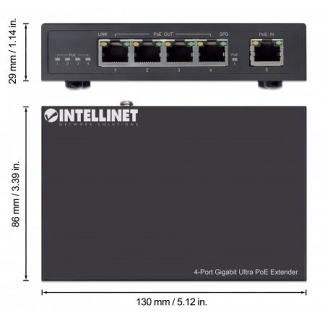 Intellinet 4-Port Gigabit Ultra PoE Extender, Adds up to 100 m (328 ft.) to PoE Range, 90 W PoE Power Budget, Four PSE Ports with up to 30 W Output, IEEE 802.3bt/at/af Compliant, Metal Housing
