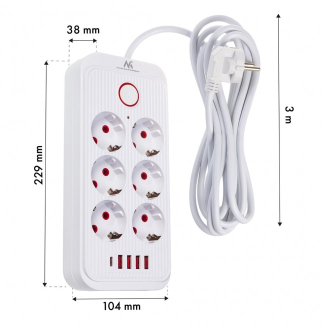 Maclean power strip, 6 socket extension + 4xUSB, 110-240V AC 50/60Hz, 2.1A max 2500W, 3m, white, MCE391 W