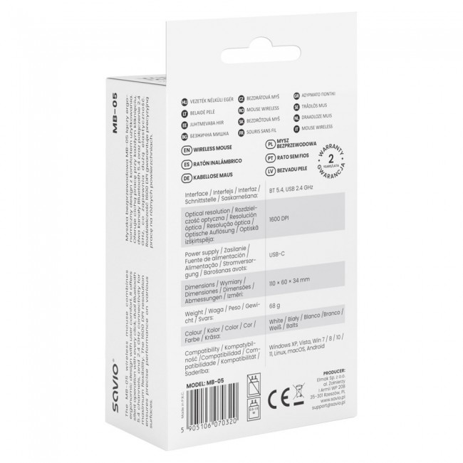 Savio MB-05 mouse Universal Ambidextrous Bluetooth 1600 DPI