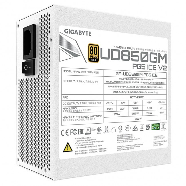 GIGABYTE UD850GM PG5 V2 ICE Power Supply Unit- PCIe Gen 5.1, 80 PLUS Gold, Fully Modular Design, 120mm Fan, ATX 3.1 compatible, EU Plug GIGABYTE UD850GM PG5 V2 ICE Power Supply Unit- PCIe Gen 5.1, 80 PLUS Gold, Fully Modular Design, 120mm Fan, ATX 3.1 compatible, EU Plug