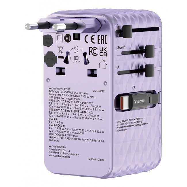 Verbatim Charge 'n' Travel 70W 2C retractable Universal Travel Adapter Purple Verbatim Charge 'n' Travel 70W 2C retractable Universal Travel Adapter Purple