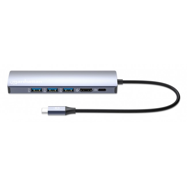 Manhattan USB-C Dock/Hub, Ports (x6): Ethernet, HDMI, USB-A (x3) and USB-C, with Power Delivery (PD) 100W- requires external USB-C charger (not included). USB powered (no external power supply required) when PD is not in use