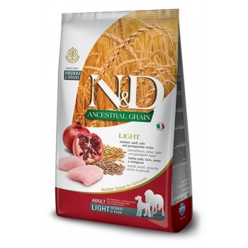 FARMINA N&D ANCESTRAL GRAIN DOG LIGHT - CHICKEN. SPELT.OATS AND POMEGRANATE ADULT MEDIUM & MAXI 12kg