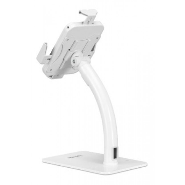 Manhattan Desktop Kiosk Stand (Anti theft) for Tablet and iPad, Universal, 360 Rotation, Tilt +20 to -110 , White, Lockable, Countertop Holder for 7.9