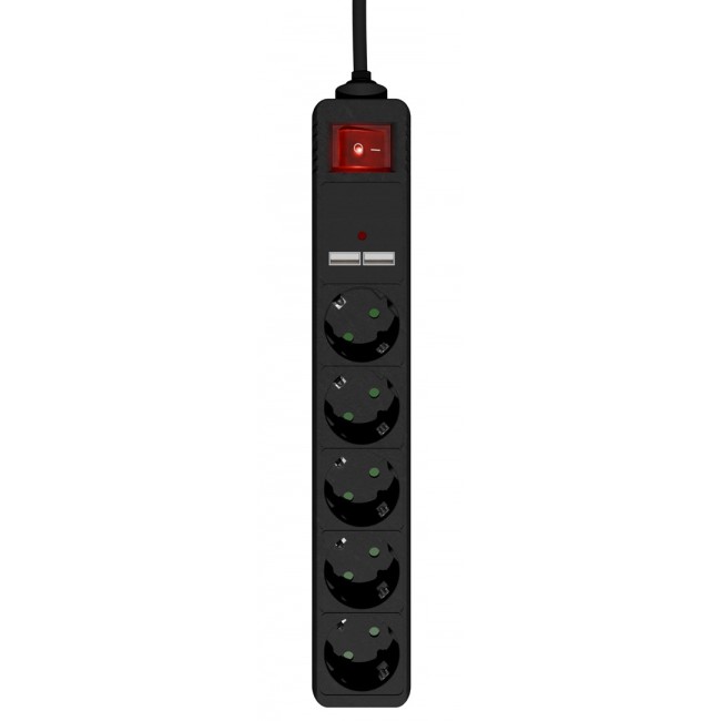 Gembird SPG5-U2-5-02 Power strip with USB charger, 5 sockets, 1.5 m, 2x USB, black