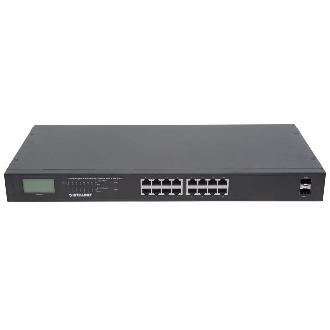 Intellinet 16-Port Gigabit Ethernet PoE+ Switch with 2 SFP Ports, LCD Display, IEEE 802.3at/af Power over Ethernet (PoE+/PoE) Compliant, 370 W, Endspan, 19 Intellinet 16-Port Gigabit Ethernet PoE+ Switch with 2 SFP Ports, LCD Display, IEEE 802.3at/af Power over Ethernet (PoE+/PoE) Compliant, 370 W, Endspan, 19