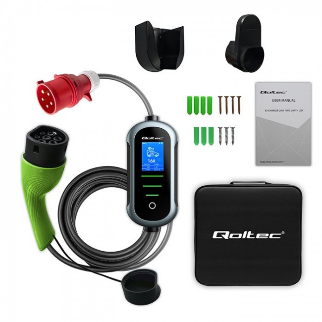 Qoltec Mobilna adowarka do samochodu elektrycznego EV i hybryd z regulacją 2w1 Typ2 | 22kW | 400V | CEE 32A | Wi-fi | TUYA | SMART LIFE | LCD | Przeno na | Wallbox | 7m