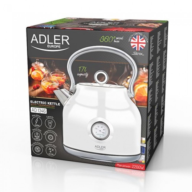 Adler | Kettle with a Thermomete | AD 1346w | Electric | 2200 W | 1.7 L | Stainless steel | 360 rotational base | White
