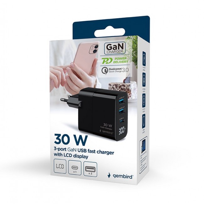 Gembird TA-UC-PDQC30LCD-BK-02 mobile device charger Universal Black AC Fast charging Indoor Gembird TA-UC-PDQC30LCD-BK-02 mobile device charger Universal Black AC Fast charging Indoor