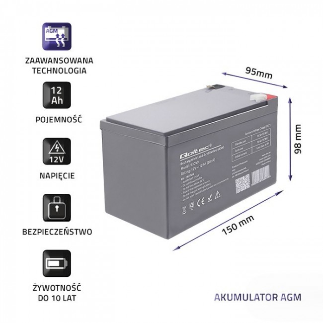 Qoltec 53049 AGM battery | 12V | 12Ah