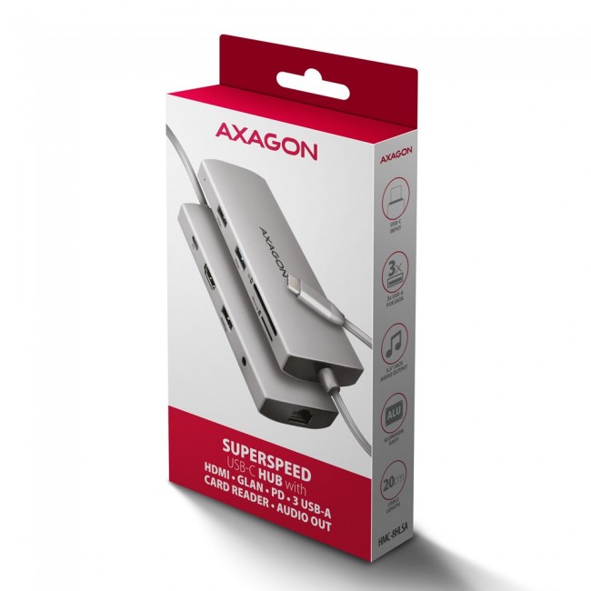 AXAGON HMC-8HLSA USB-C 3.2 Gen 1 Multiport Hub, 3x USB-A + 4K/60Hz HDMI + SD/microSD, Gigabit LAN, Audio, PD 100W - Silver