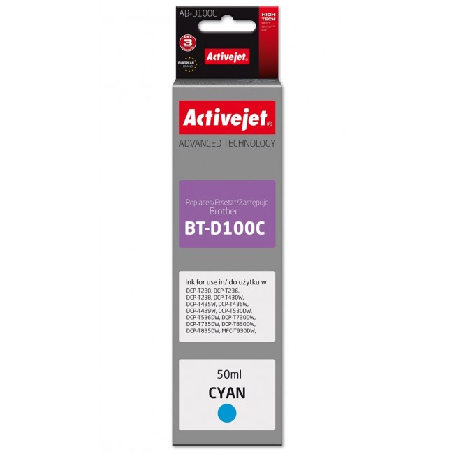 Activejet AB-D100C Ink cartridge for Brother printers, replacement for Brother BT-D100C Supreme 50 ml cyan