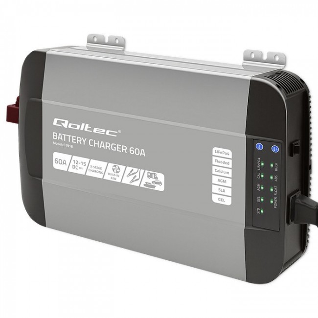 Qoltec Smart Professional Monolith Battery Charger for LiFePO4 AGM GEL SLA batteries | 60A | 12V | Fast charging