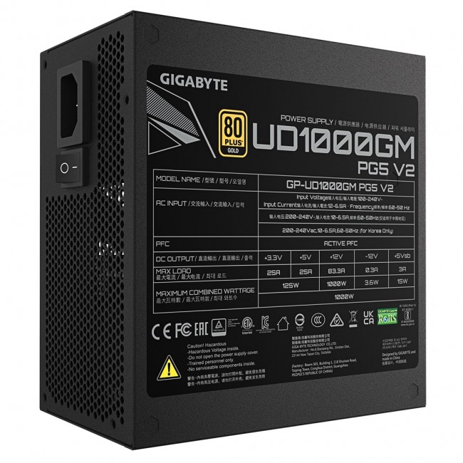 GIGABYTE UD1000GM PG5 V2 Power Supply Unit- PCIe Gen 5.1, 80 PLUS Gold, Fully Modular Design, 120mm Fan, ATX 3.1 compatible, EU Plug GIGABYTE UD1000GM PG5 V2 Power Supply Unit- PCIe Gen 5.1, 80 PLUS Gold, Fully Modular Design, 120mm Fan, ATX 3.1 compatible, EU Plug