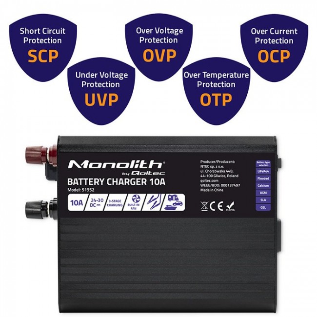 Qoltec Smart Monolith Battery Charger for LiFePO4 AGM GEL SLA batteries | 10A | 24V Qoltec Smart Monolith Battery Charger for LiFePO4 AGM GEL SLA batteries | 10A | 24V