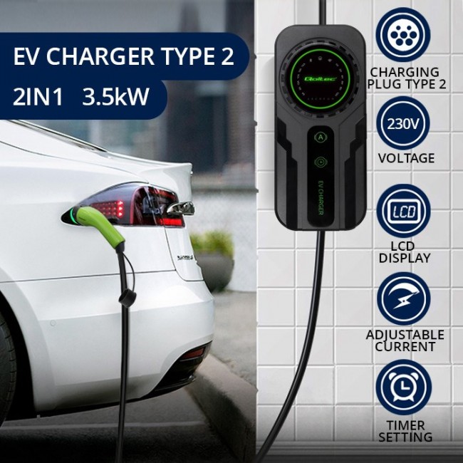 Qoltec Mobile EV Car Charger Adjustable 2in1 Type2 | SCHUKO | 3.5kW | 230V | LCD | Portable | Wallbox | 5m