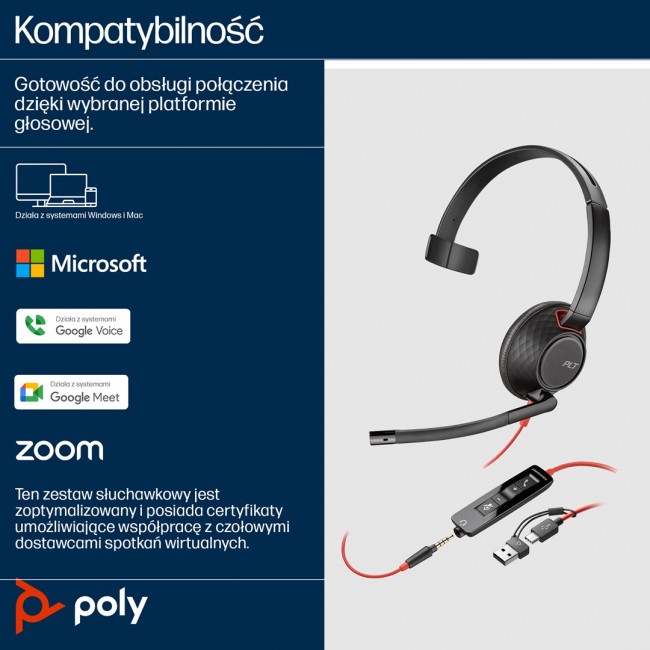 HP Poly Blackwire 5210 Monaural USB-C Headset +3.5mm Plug +USB-C/A Adapter