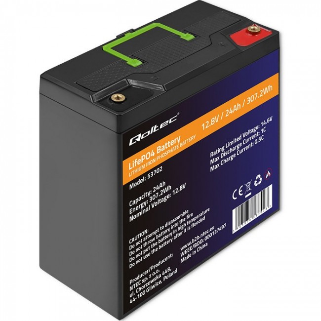 Qoltec LiFePO4 Lithium Iron Phosphate Battery | 12.8V | 24Ah | 307.2Wh | BMS Qoltec LiFePO4 Lithium Iron Phosphate Battery | 12.8V | 24Ah | 307.2Wh | BMS