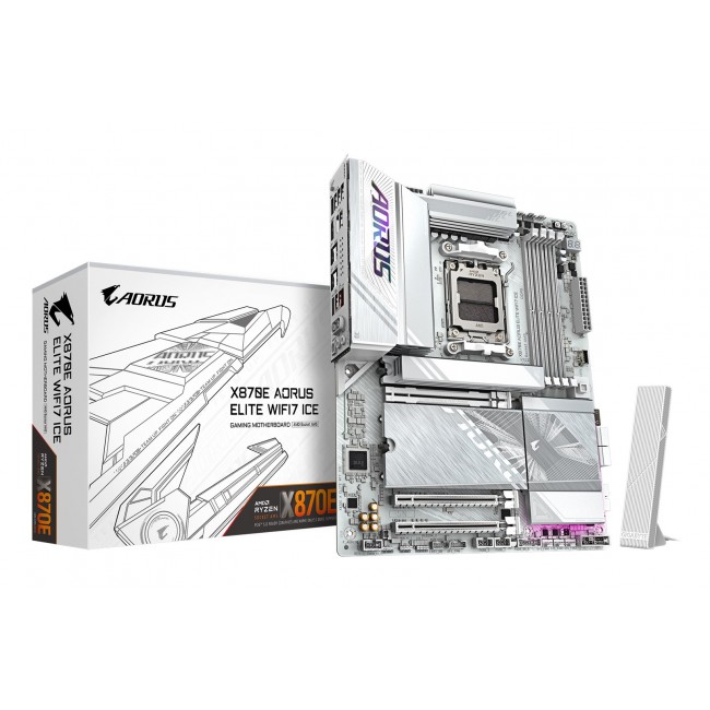 GIGABYTE X870E AORUS ELITE WIFI7 ICE Motherboard - Supports AMD Ryzen 9000 CPUs, 16+2+2 Phases Digital VRM, up to 8200Hz DDR5 (OC), 3xPCIe 5.0 + 1xPCIe 4.0, Wi-Fi 7, 2.5GbE LAN, USB 4 GIGABYTE X870E AORUS ELITE WIFI7 ICE Motherboard - Supports AMD Ryzen 9000 CPUs, 16+2+2 Phases Digital VRM, up to 8200Hz DDR5 (OC), 3xPCIe 5.0 + 1xPCIe 4.0, Wi-Fi 7, 2.5GbE LAN, USB 4