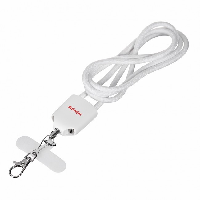 Activejet lanyard with 3-in-1 charging cable, white. Ends with various connectors: USB-C, Lightning adapter, USB-A