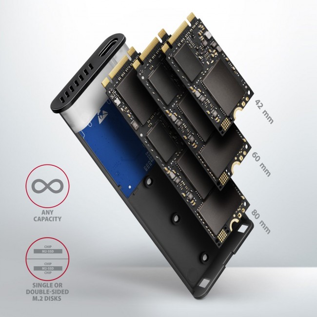 Axagon EEM2-SB2 External USB-C 3.2 Gen 2 metal box for M.2 NVMe & SATA SSD disks. Screwless