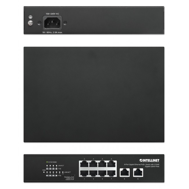 Intellinet 8-Port Gigabit Ethernet PoE+ Switch with 2 RJ45 Gigabit Uplink Ports, IEEE 802.3at/af Power over Ethernet (PoE+/PoE) Compliant, 120 W, Endspan, Desktop (WITH C14 2 PIN POWER CORD) Intellinet 8-Port Gigabit Ethernet PoE+ Switch with 2 RJ45 Gigabit Uplink Ports, IEEE 802.3at/af Power over Ethernet (PoE+/PoE) Compliant, 120 W, Endspan, Desktop (WITH C14 2 PIN POWER CORD)