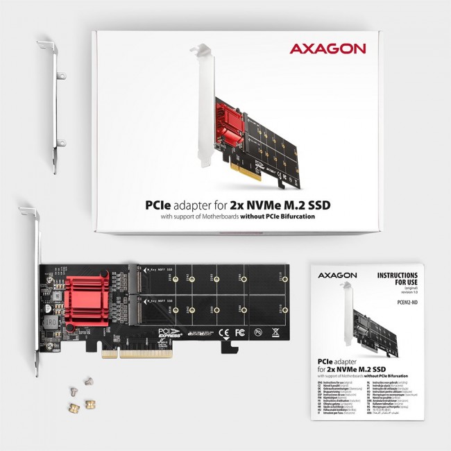 Axagon PCEM2-ND PCIe x8 - dual M.2 NVMe M-key slot adapter, RAID, dataswitch, w. SP & LP