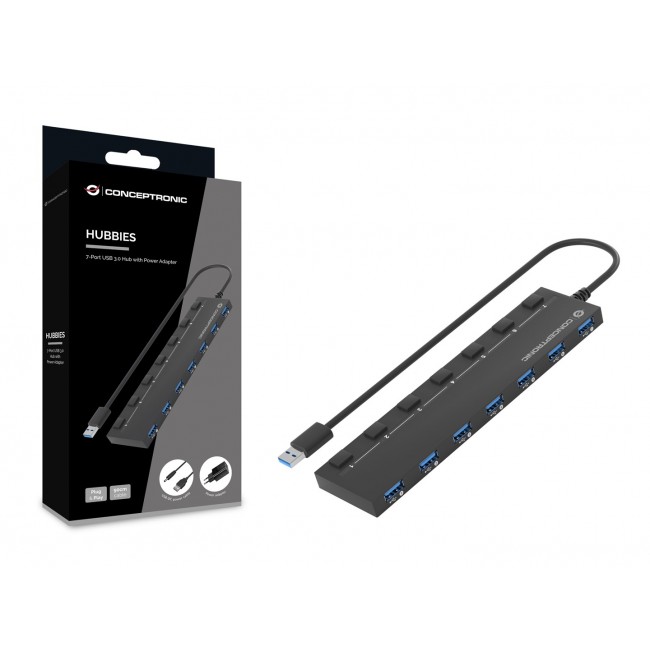Conceptronic HUBBIES19BP 7-Port USB 3.0 HUB with Power Adapter, 90cm Cable, Individual Power Switch, USB 3.2 Gen 1