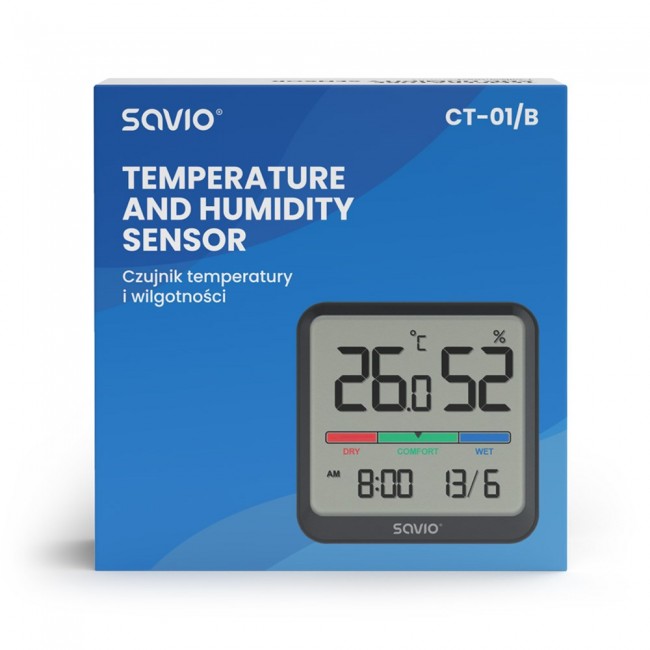SAVIO Wireless weather station, temperature and humidity sensor, indoor use, LCD screen, clock, date, handle with magnet, CT-01/B Black