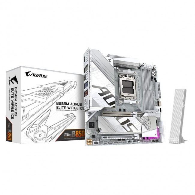 GIGABYTE B850M AORUS ELITE WIFI6E ICE Motherboard- AMD Ryzen 9000 Series CPUs, 12+2+1 Phases Digital VRM, up to 8200MHz DDR5 (OC), 1xPCIe 5.0 + 1xPCIe 4.0 M.2, 2.5LAN, WIFI 7, USB 3.2 Gen 2 GIGABYTE B850M AORUS ELITE WIFI6E ICE Motherboard- AMD Ryzen 9000 Series CPUs, 12+2+1 Phases Digital VRM, up to 8200MHz DDR5 (OC), 1xPCIe 5.0 + 1xPCIe 4.0 M.2, 2.5LAN, WIFI 7, USB 3.2 Gen 2